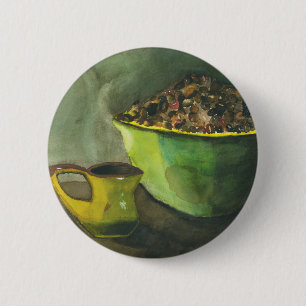 Steaming Morning Cup of Coffee Bowl Coffee Beans 6 Cm Round Badge