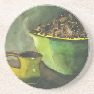 Steaming Morning Cup of Coffee Bowl Coffee Beans Coaster