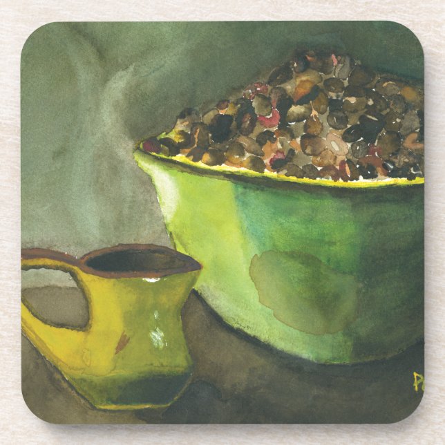Steaming Morning Cup of Coffee Bowl Coffee Beans Coaster (Front)