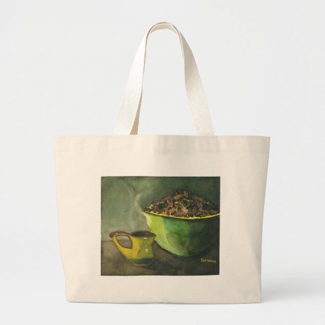 Steaming Morning Cup of Coffee Bowl Coffee Beans Large Tote Bag (Front)