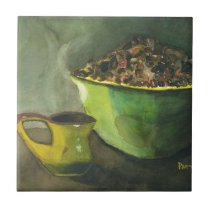 Steaming Morning Cup of Coffee Bowl Coffee Beans Tile