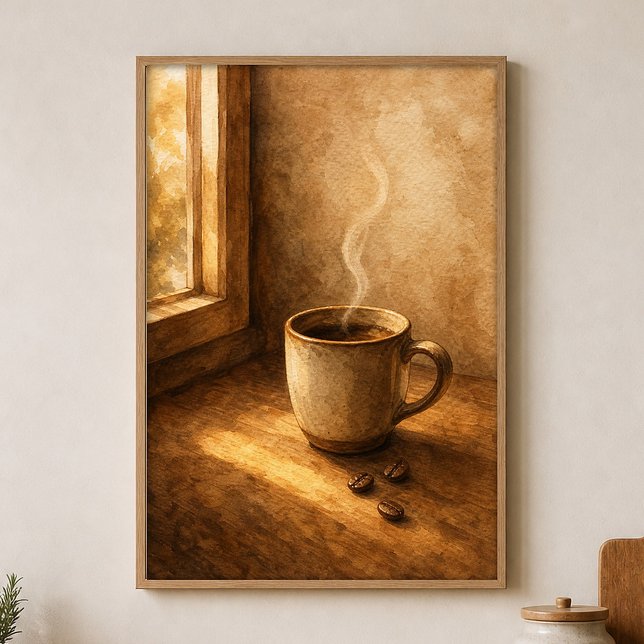 Steaming Mug by the Window Watercolour Poster (Shown framed for scale. Poster ships unframed; frames are an optional add-on.)
