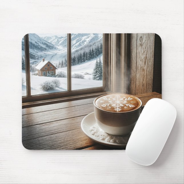 Steaming Snowflake Latte By Winter Window Mouse Mat (With Mouse)