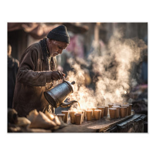 Steaming Street Tea Vendor Golden Morning Light Photo Print