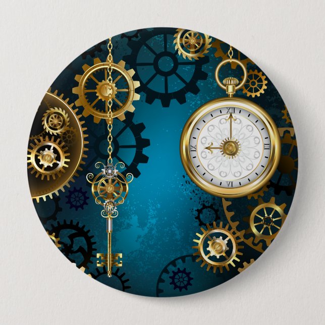 Steampun turquoise Background with Gears 10 Cm Round Badge (Front)