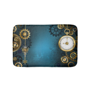 Steampun turquoise Background with Gears Bath Mat