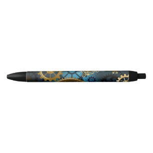Steampun turquoise Background with Gears Black Ink Pen