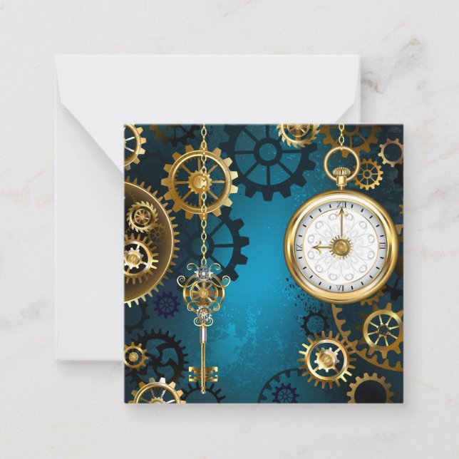 Steampun turquoise Background with Gears Card (Front)