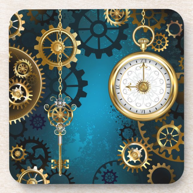 Steampun turquoise Background with Gears Coaster (Front)