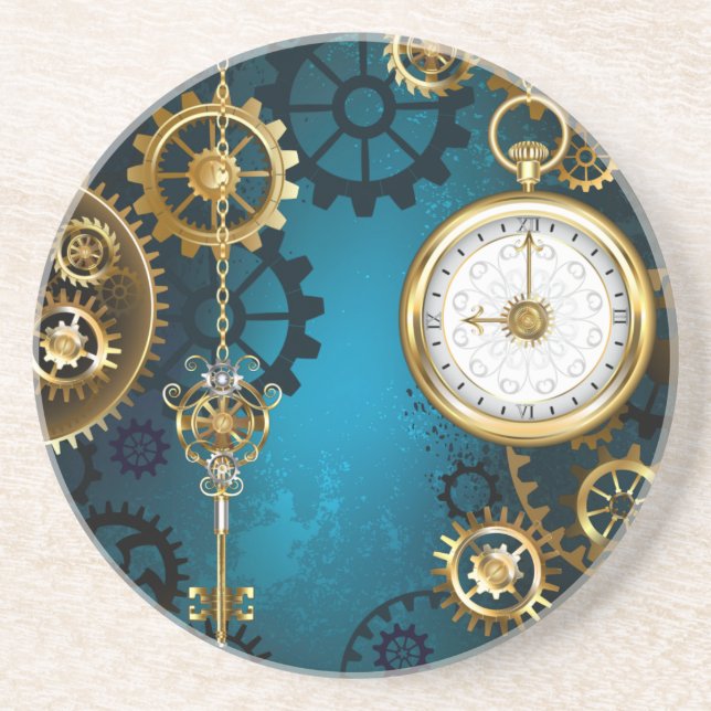 Steampun turquoise Background with Gears Coaster (Front)