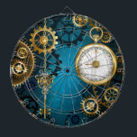 Steampun turquoise Background with Gears Dartboard<br><div class="desc">Turquoise,  textured,  steampunk background with brass and gold gears,  a silver key and the clock. Steampunk style.</div>