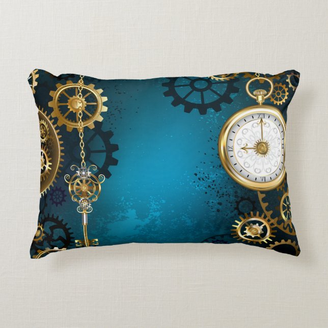 Steampun turquoise Background with Gears Decorative Cushion (Front)
