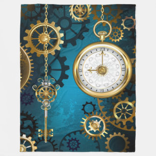 Steampun turquoise Background with Gears Fleece Blanket