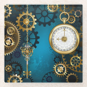 Steampun turquoise Background with Gears Glass Coaster