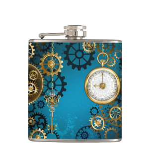 Steampun turquoise Background with Gears Hip Flask