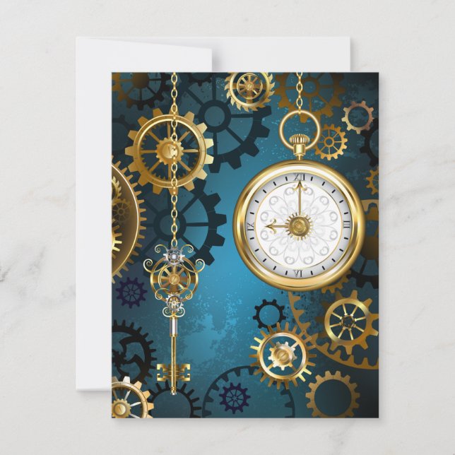 Steampun turquoise Background with Gears Invitation (Front)