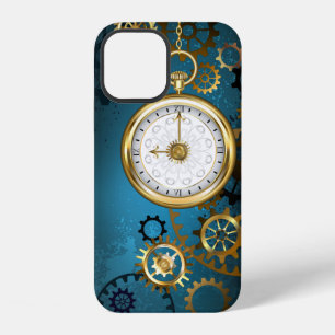 Steampun turquoise Background with Gears iPhone 12 Case