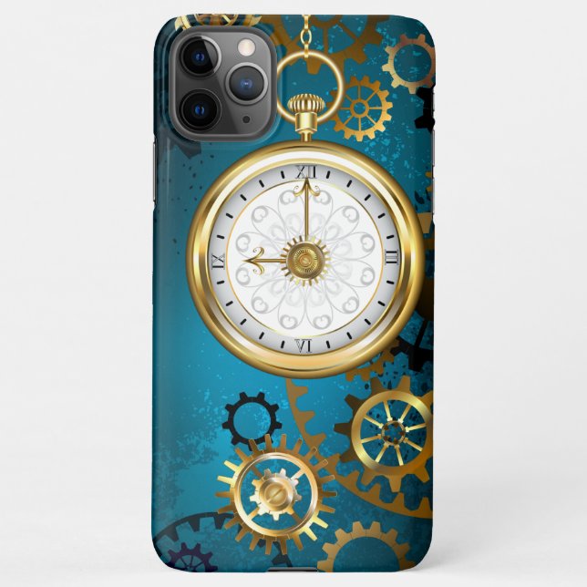 Steampun turquoise Background with Gears iPhone Case (Back)