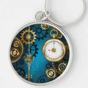 Steampun turquoise Background with Gears Key Ring