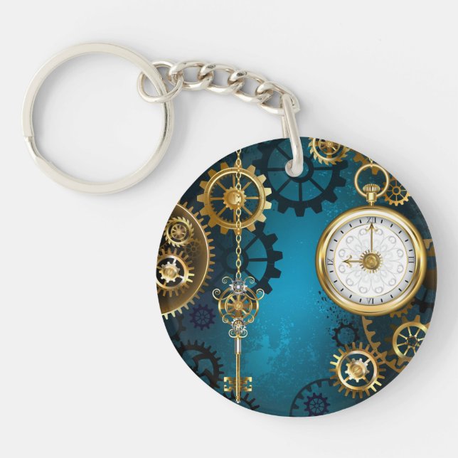 Steampun turquoise Background with Gears Key Ring (Front)