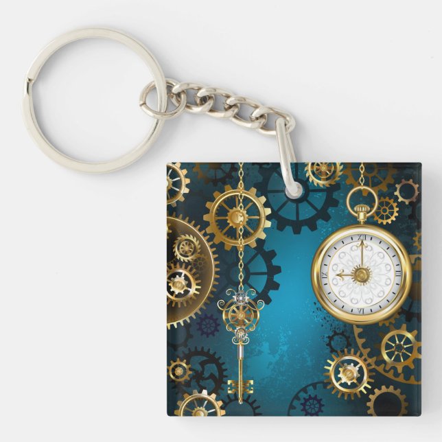 Steampun turquoise Background with Gears Key Ring (Front)