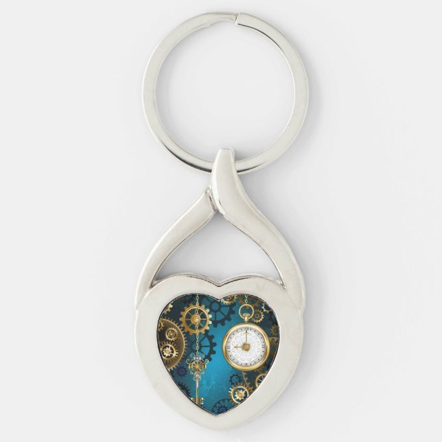 Steampun turquoise Background with Gears Key Ring (Front)