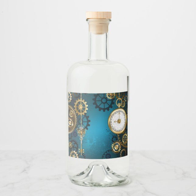 Steampun turquoise Background with Gears Liquor Bottle Label (Front)