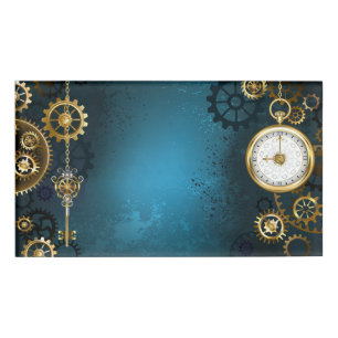 Steampun turquoise Background with Gears Name Tag