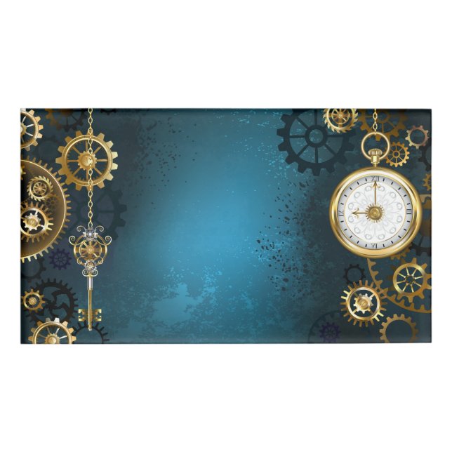 Steampun turquoise Background with Gears Name Tag (Front)