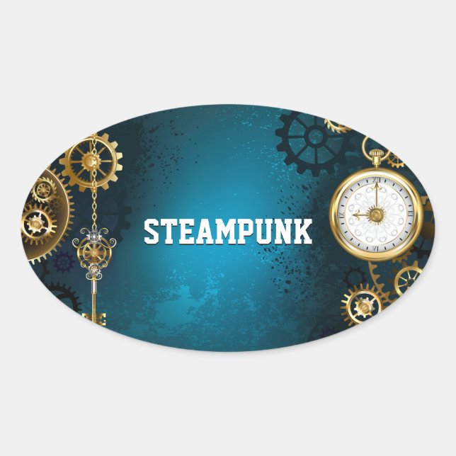 Steampun turquoise Background with Gears Oval Sticker (Front)