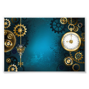 Steampun turquoise Background with Gears Photo Print