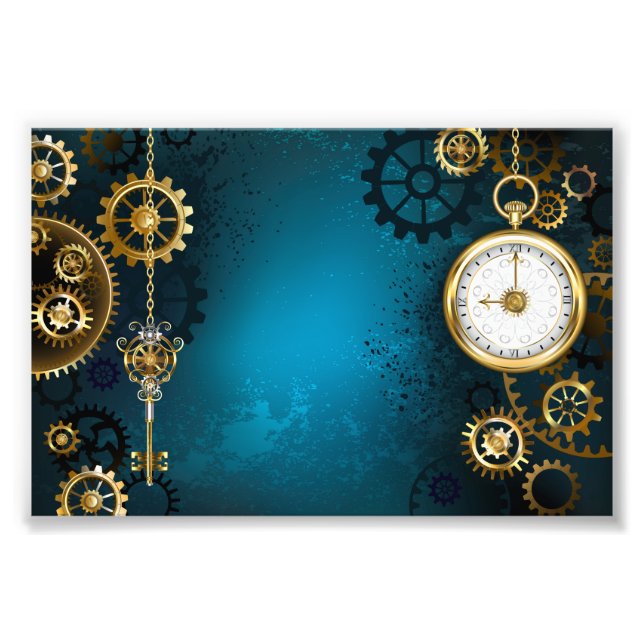 Steampun turquoise Background with Gears Photo Print (Front)