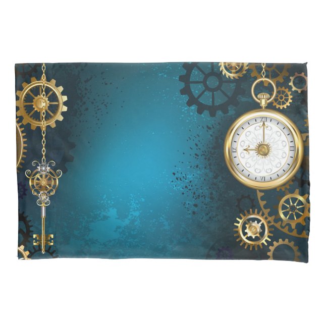 Steampun turquoise Background with Gears Pillowcase (Front)