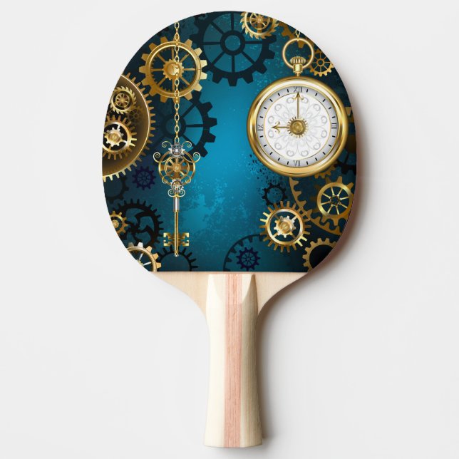 Steampun turquoise Background with Gears Ping Pong Paddle (Front)