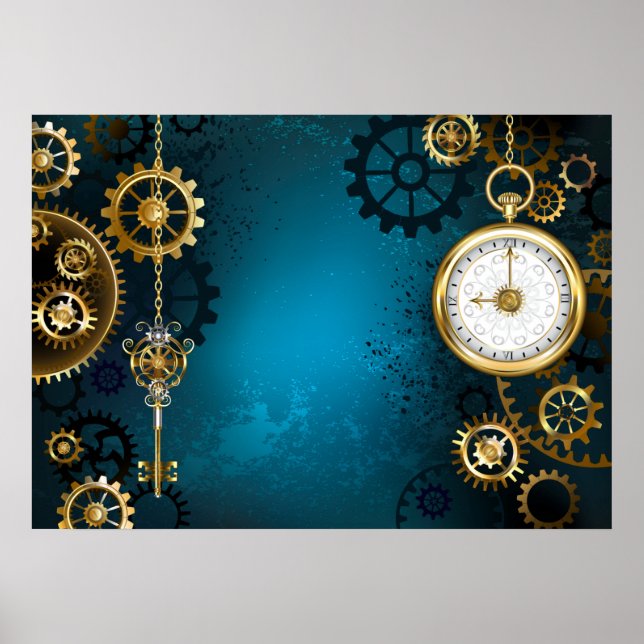 Steampun turquoise Background with Gears Poster (Front)