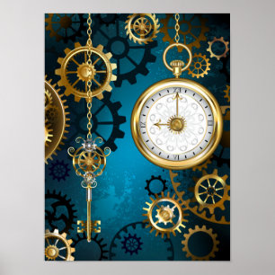 Steampun turquoise Background with Gears Poster