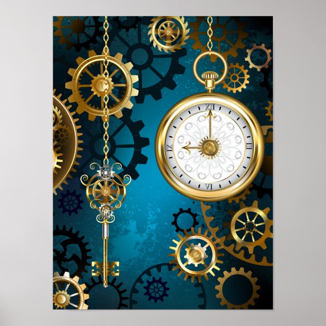 Steampun turquoise Background with Gears Poster (Front)