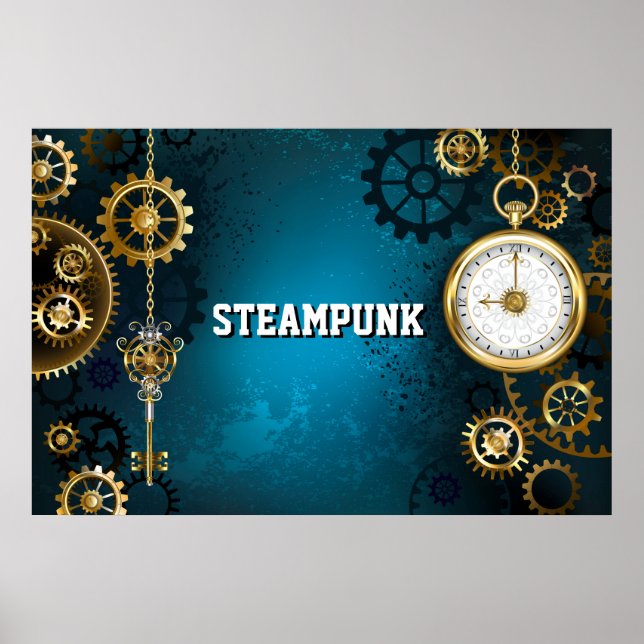 Steampun turquoise Background with Gears Poster (Front)