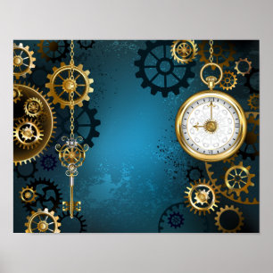 Steampun turquoise Background with Gears Poster