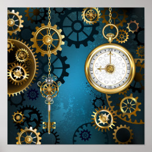 Steampun turquoise Background with Gears Poster