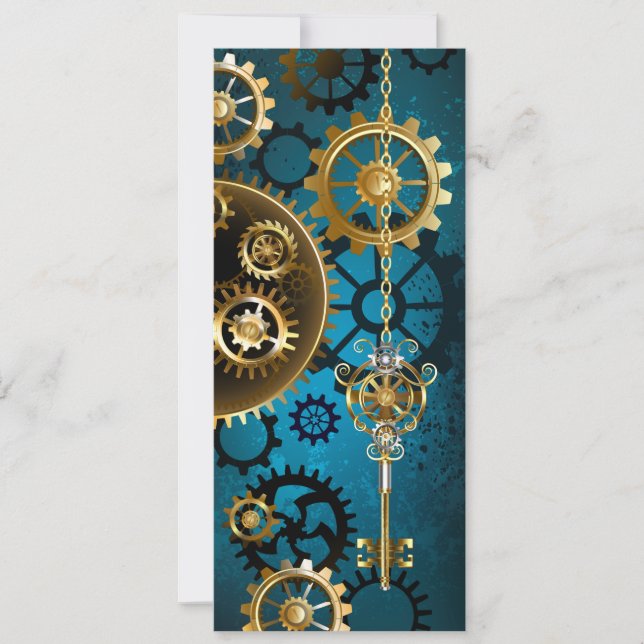 Steampun turquoise Background with Gears Save The Date (Front)