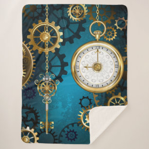 Steampun turquoise Background with Gears Sherpa Blanket