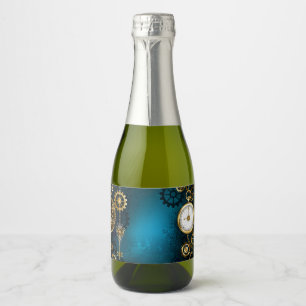Steampun turquoise Background with Gears Sparkling Wine Label