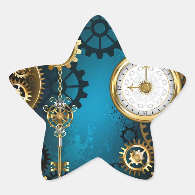 Steampun turquoise Background with Gears Star Sticker (Front)