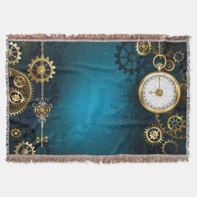 Steampun turquoise Background with Gears Throw Blanket (Front)