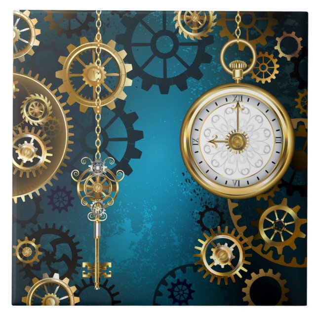 Steampun turquoise Background with Gears Tile (Front)
