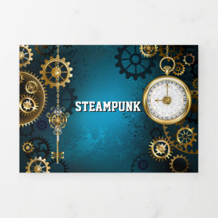 Steampun turquoise Background with Gears Tri-Fold Invitation