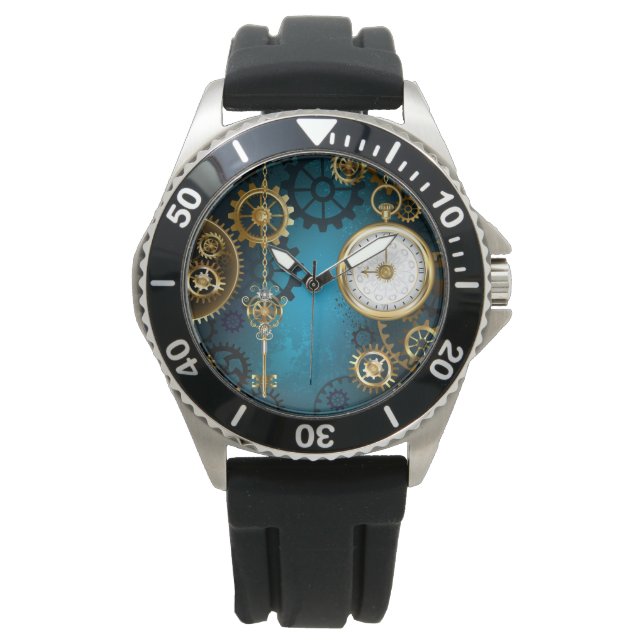Steampun turquoise Background with Gears Watch (Front)