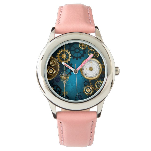 Steampun turquoise Background with Gears Watch (Front)