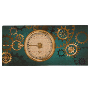 Steampun turquoise Background with Gears Wood USB Flash Drive